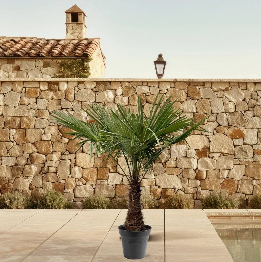 Chinesische Hanfpalme (Trachycarpus fortunei) – bedingt winterharte Freilandpalme, Topf-Ø 40 cm, Höhe ca. 240 cm