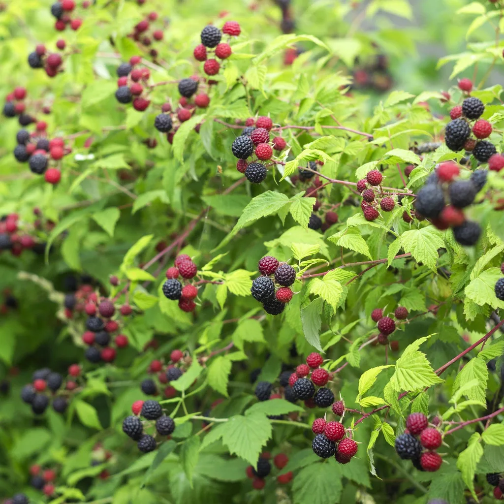 Himbeere 'Black Satin' 2er-Set (Rubus) – winterharte Beerenobst-Pflanze, Topf-Ø 11 cm, Höhe ca. 40 cm