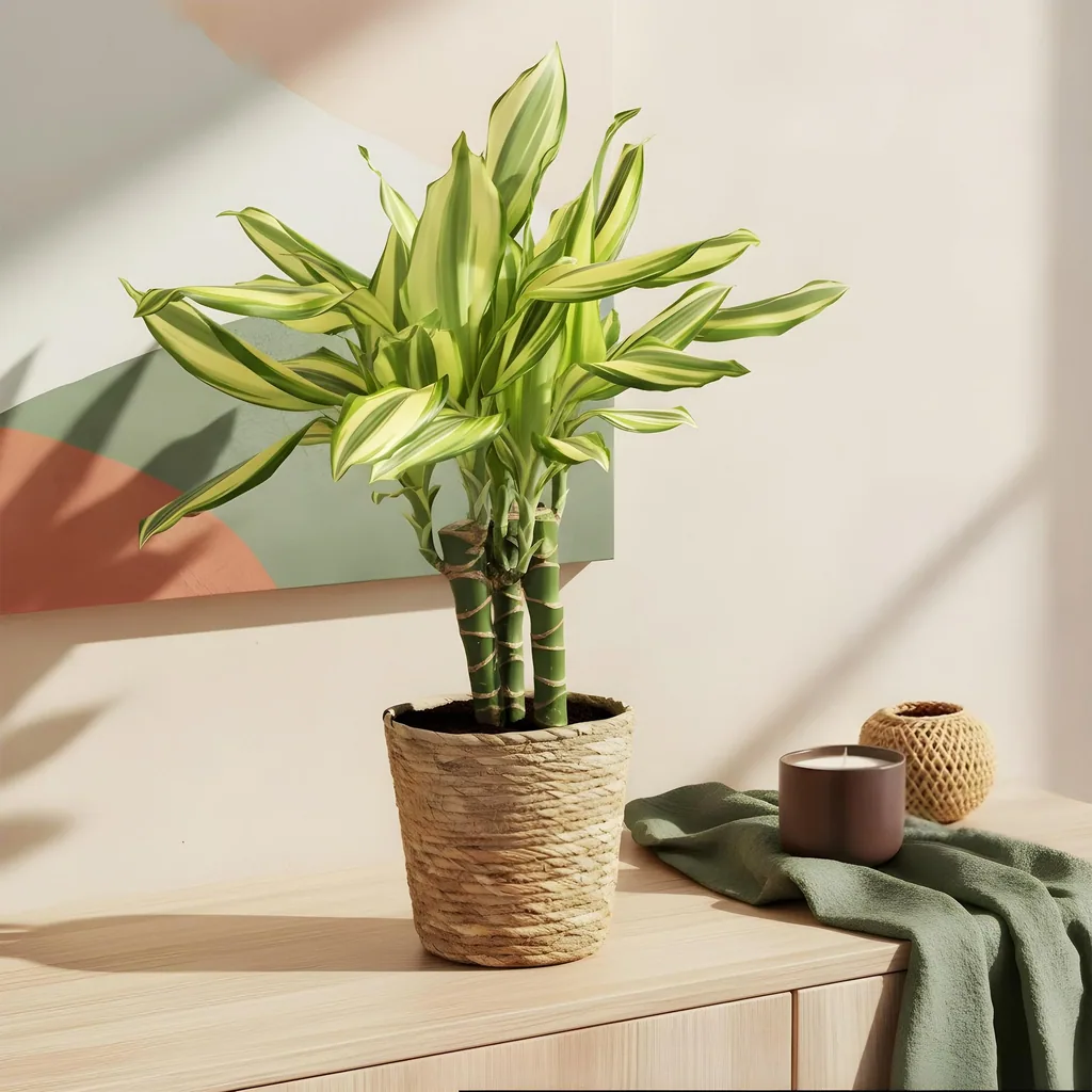 Drachenbaum 'Diamond Dream' (Dracaena fragrans) – pflegeleichte Zimmerpflanze, im Dekokorb, Topf-Ø 17 cm, Höhe ca. 50–55 cm