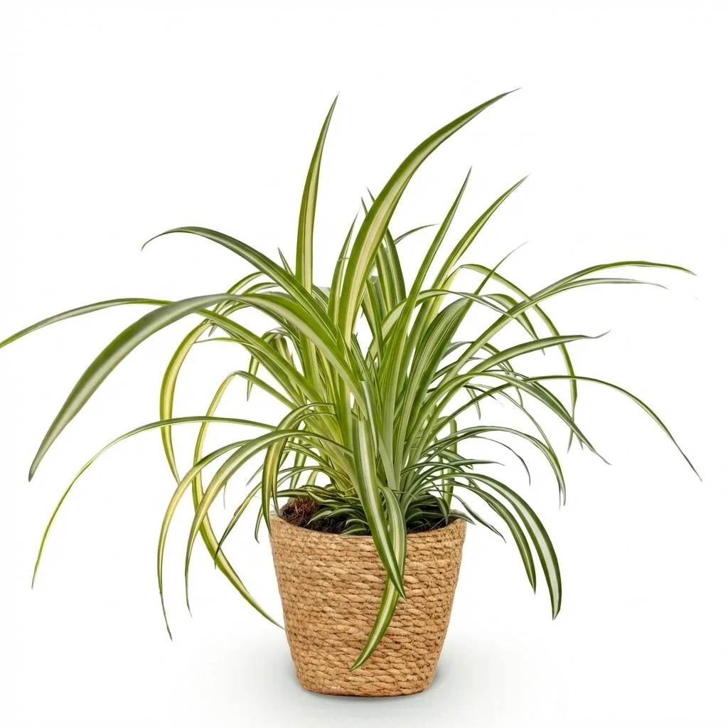 Grünlilie 'Variegatum' (Chlorophytum comosum) – pflegeleichte Zimmerpflanze, im Dekokorb, Topf-Ø 12 cm, Höhe ca. 20 cm