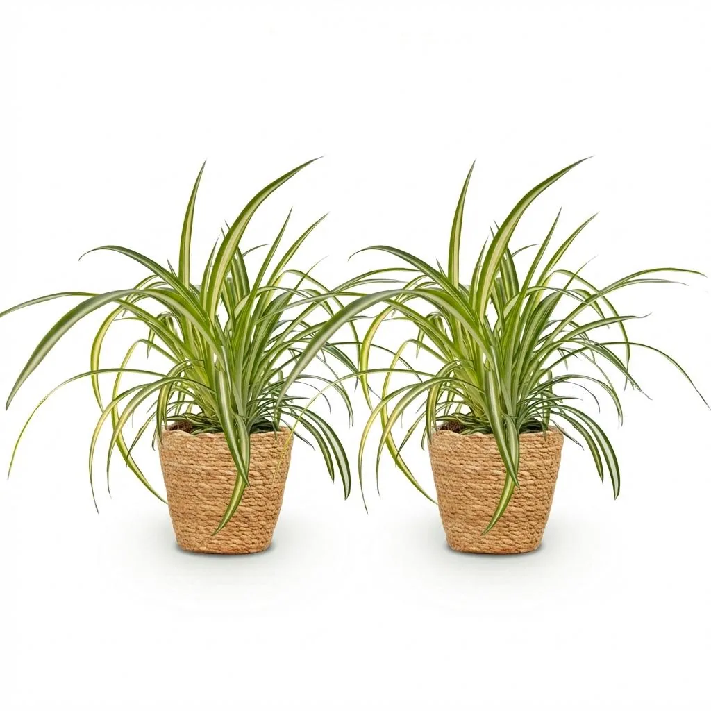 Grünlilie 'Variegatum' 2er-Set (Chlorophytum comosum) – pflegeleichte Zimmerpflanze, im Dekokorb, Topf-Ø 12 cm, Höhe ca. 20 cm