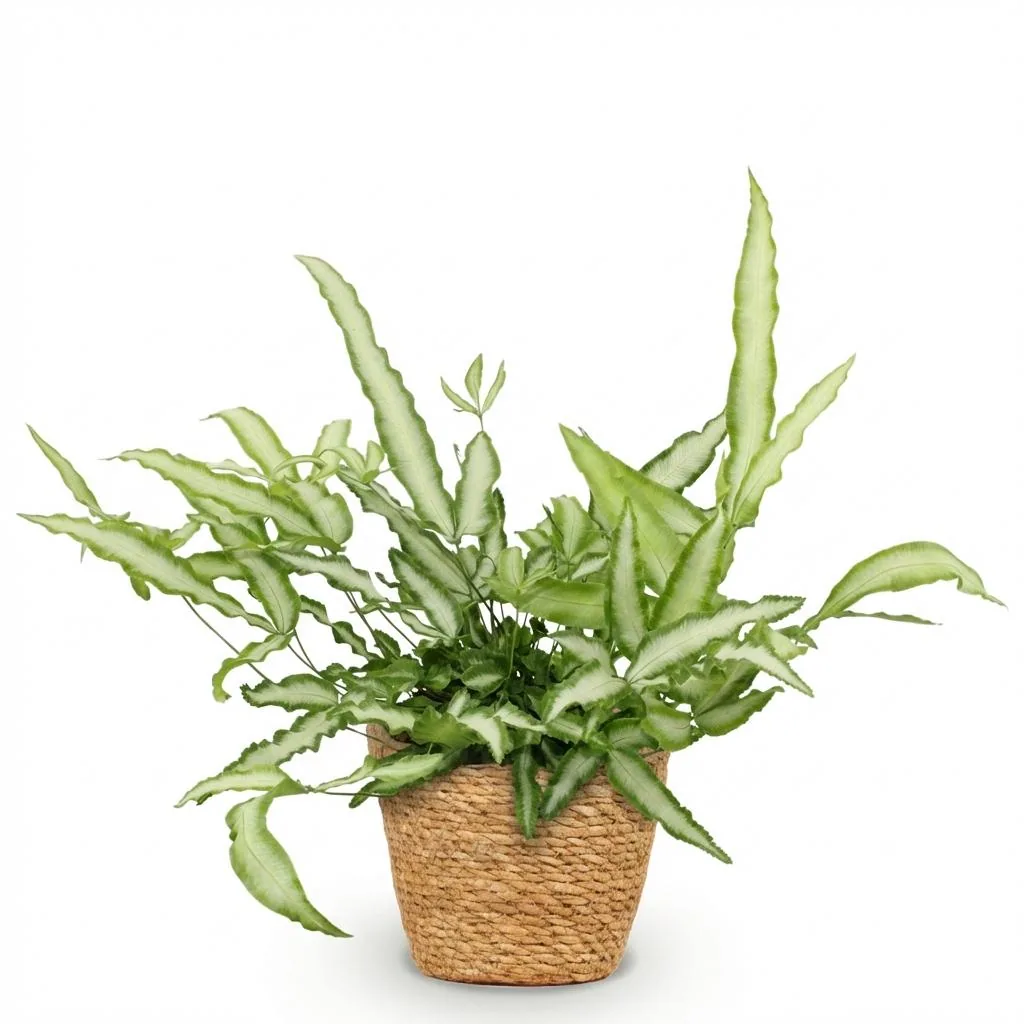 Flügelfarn 'Albolineata' (Pteris cretica) – pflegeleichte Zimmerpflanze, im Dekokorb, Topf-Ø 12 cm, Höhe ca. 20 cm