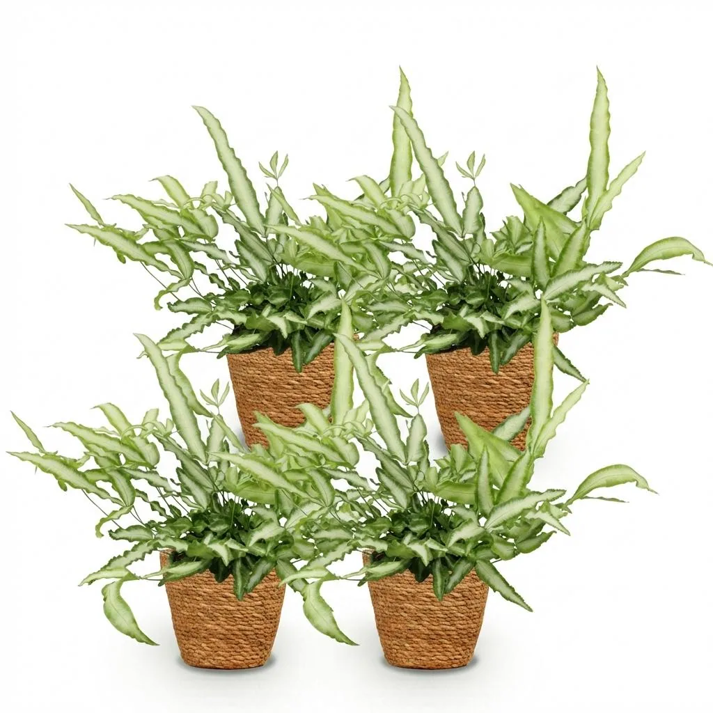 Flügelfarn 'Albolineata' 4er-Set (Pteris cretica) – pflegeleichte Zimmerpflanze, im Dekokorb, Topf-Ø 12 cm, Höhe ca. 20 cm