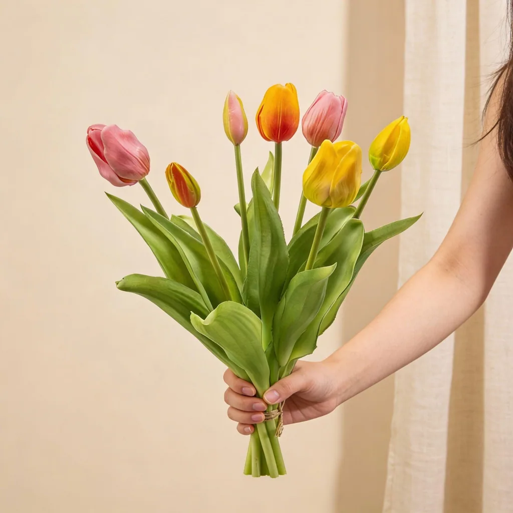 Tulpenstrauß - Bunte Mischung - ‘Real Touch’ Kunsttulpen - 7 Stiele - 42 cm