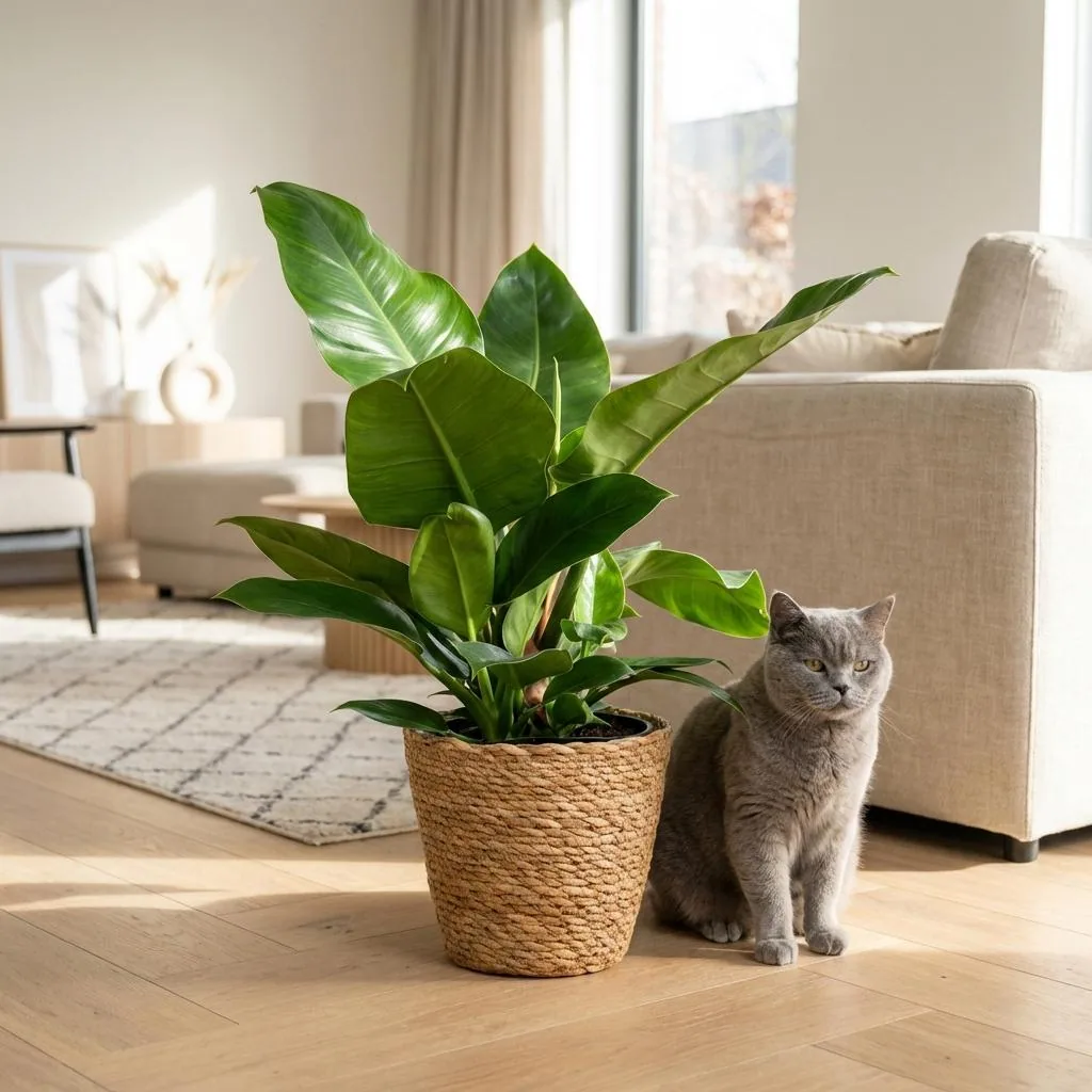 Baumfreund 'Imperial Green' (Philodendron) – pflegeleichte Zimmerpflanze, im Dekokorb, Topf-Ø 19 cm, Höhe ca. 65 cm