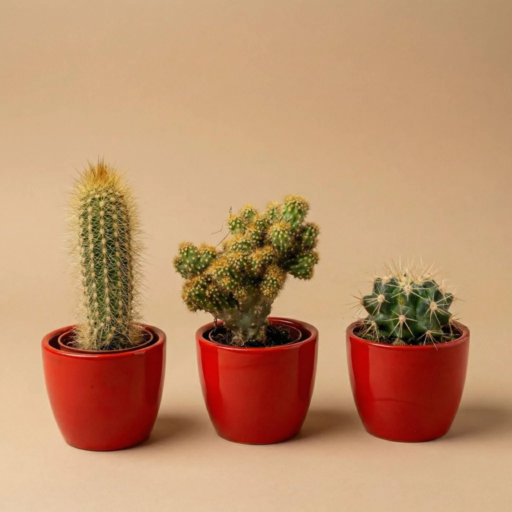 Kakteen-Mix 3er-Set – pflegeleichte Zimmerpflanzen, Topf-Ø 6 cm, Höhe ca. 8–12 cm, im roten Mini-Topf