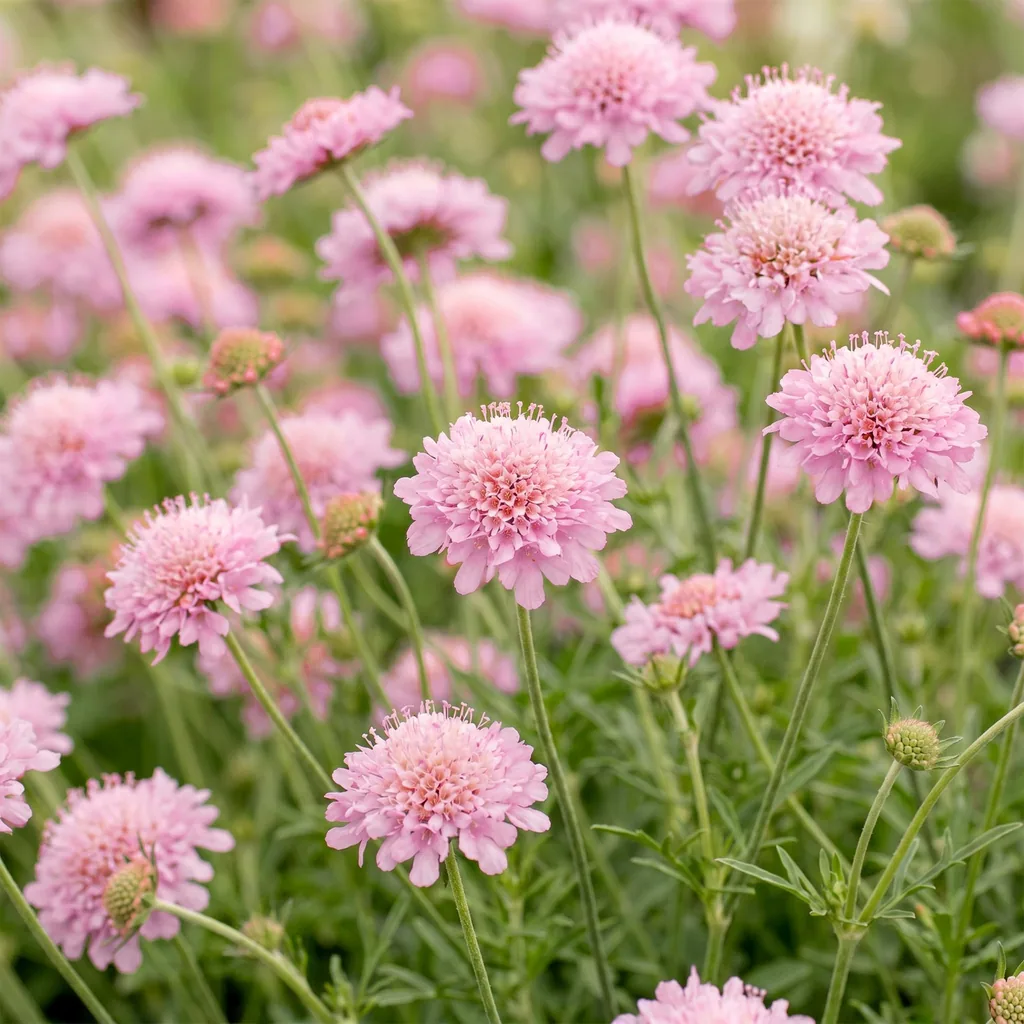 Tauben-Skabiose 'Pink Mist' 6er-Set (Scabiosa columbaria) – winterharte Staude, Topf-Ø 11 cm, Höhe ca. 15–25 cm