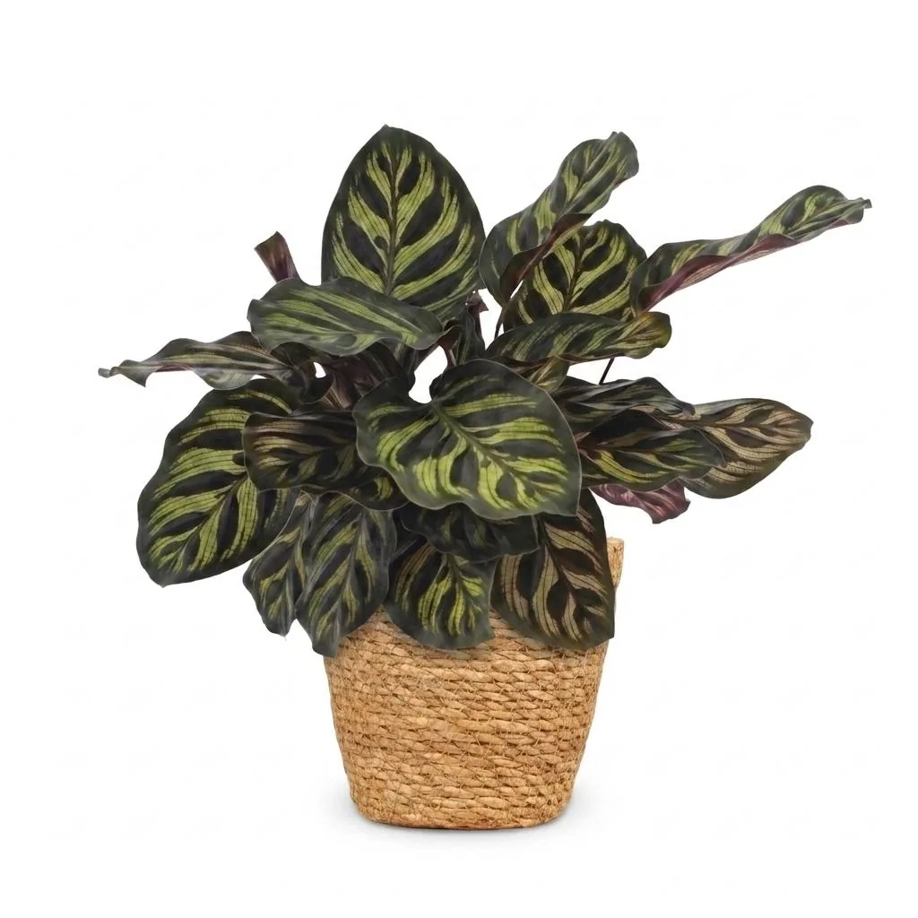 Pfauen-Korbmarante (Calathea makoyana) – pflegeleichte Zimmerpflanze, im Dekokorb, Topf-Ø 12 cm, Höhe ca. 25 cm
