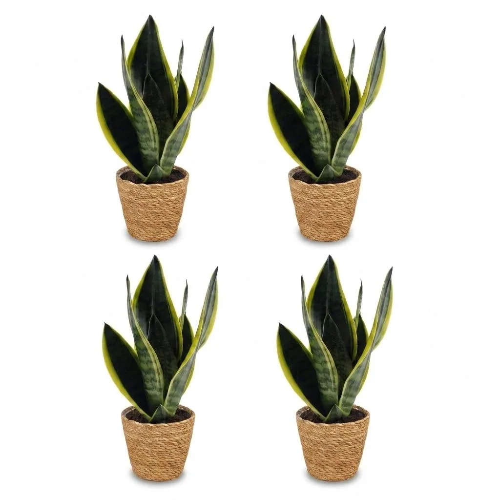 Bogenhanf 'Future Superb' 4er-Set (Sansevieria) – pflegeleichte Zimmerpflanze, im Dekokorb, Topf-Ø 12 cm, Höhe ca. 35 cm