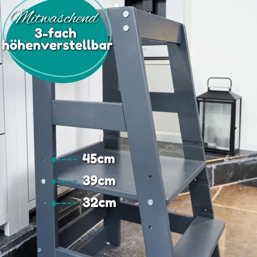 Alavya Home Lernturm Neo - Stehhilfe für Kinder | Stylisch Hocker, Kippschutz aus Buchenholz Höhenverstellbar | Montessori Küchenhelfer | Learning Tower | ab 1 Jahr bis 70 Kilo belastbar | Little Helper | Farbe: Anthrazit