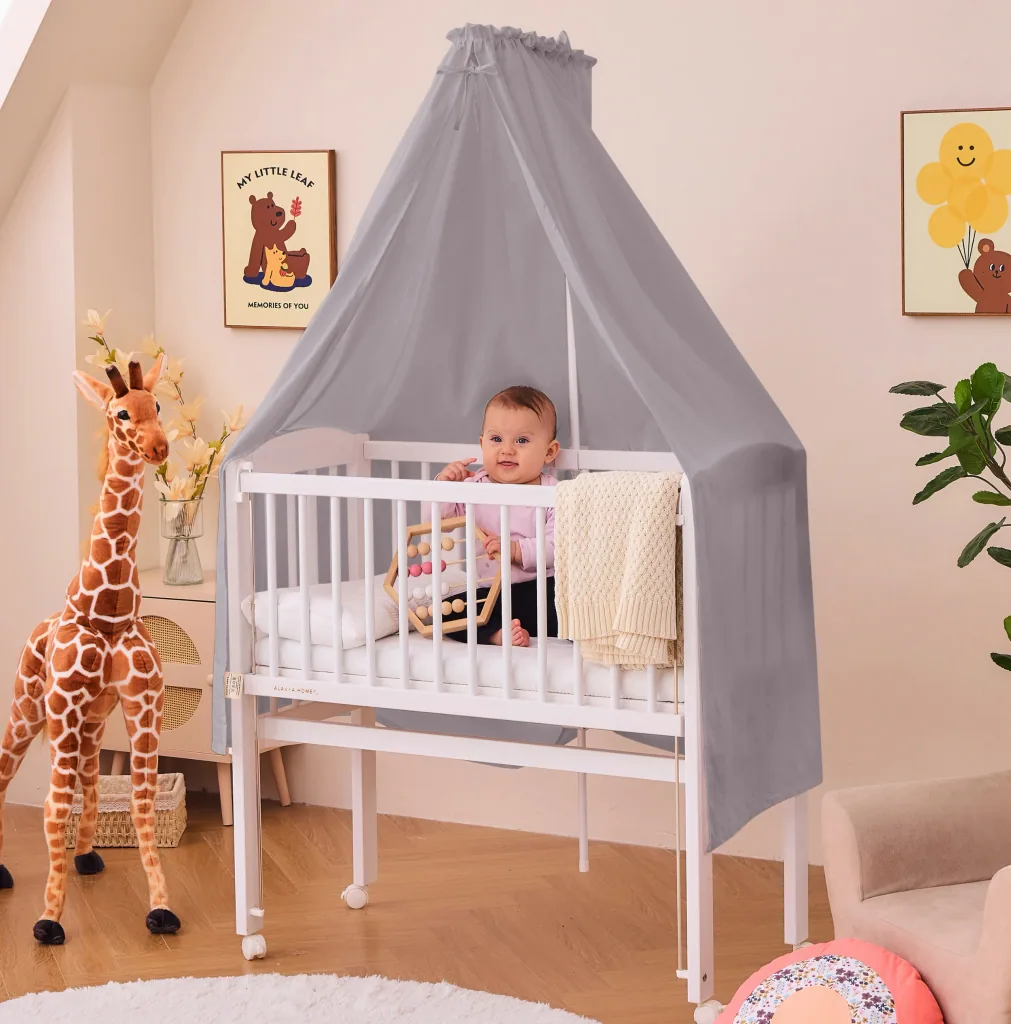 Alavya Home Babybett Betthimmel mit Himmelstange 150x240 cm Bio-Baumwolle - Grau