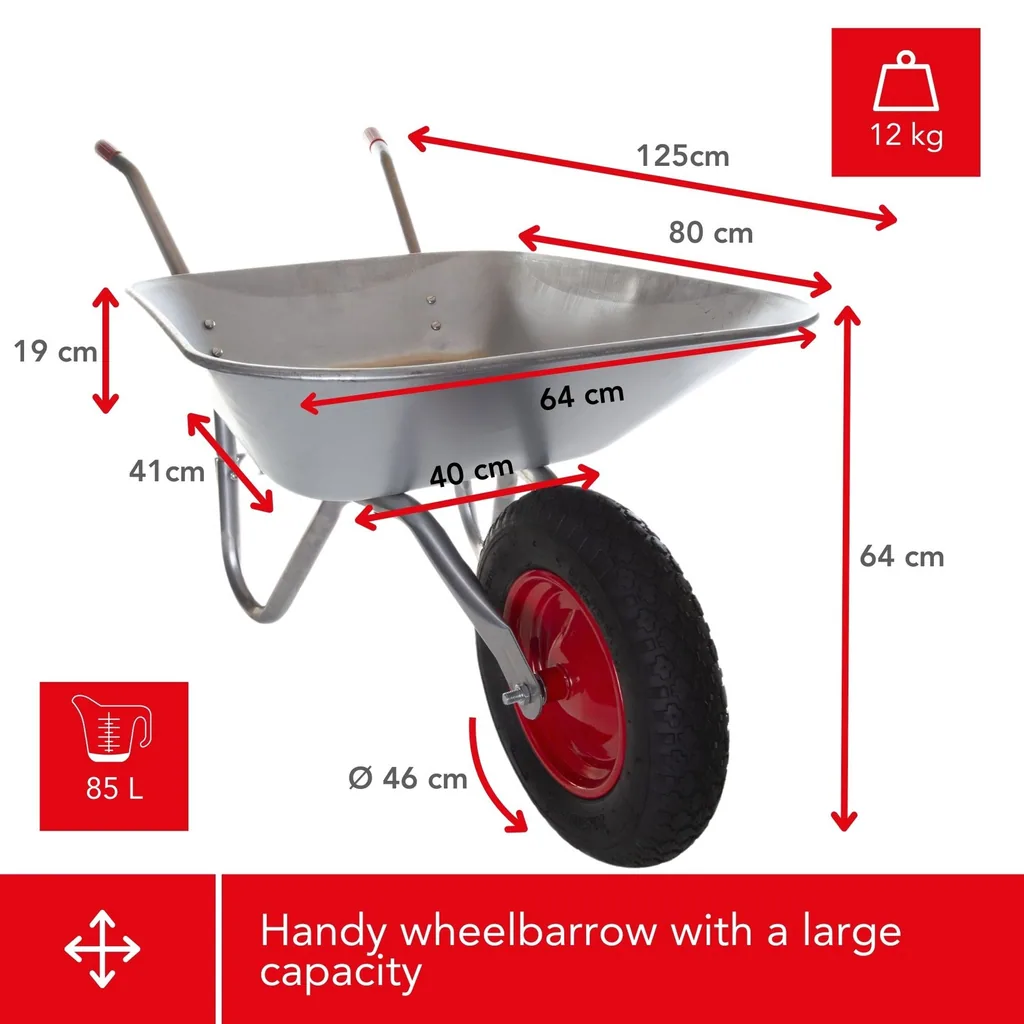 85L Schubkarre, verzinkte Stahlmulde, 350 mm Luftrad, leichte 12 kg Garten- und Baustellenschubkarre für
