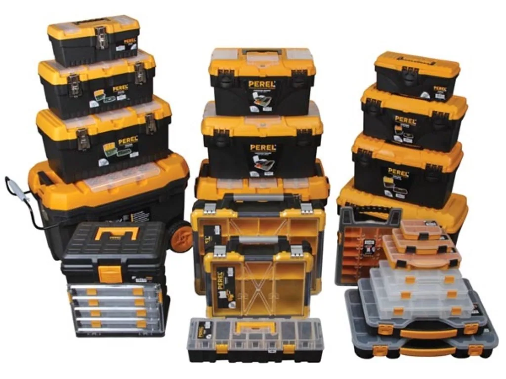 großer Werkzeugkoffer 31,4L mit herausnehmbarer Ablage und 3 Deckelorganizern, langlebiger Polypropylen-Werkzeugkoffer mit Metallverschlüssen und klappbarem Griff