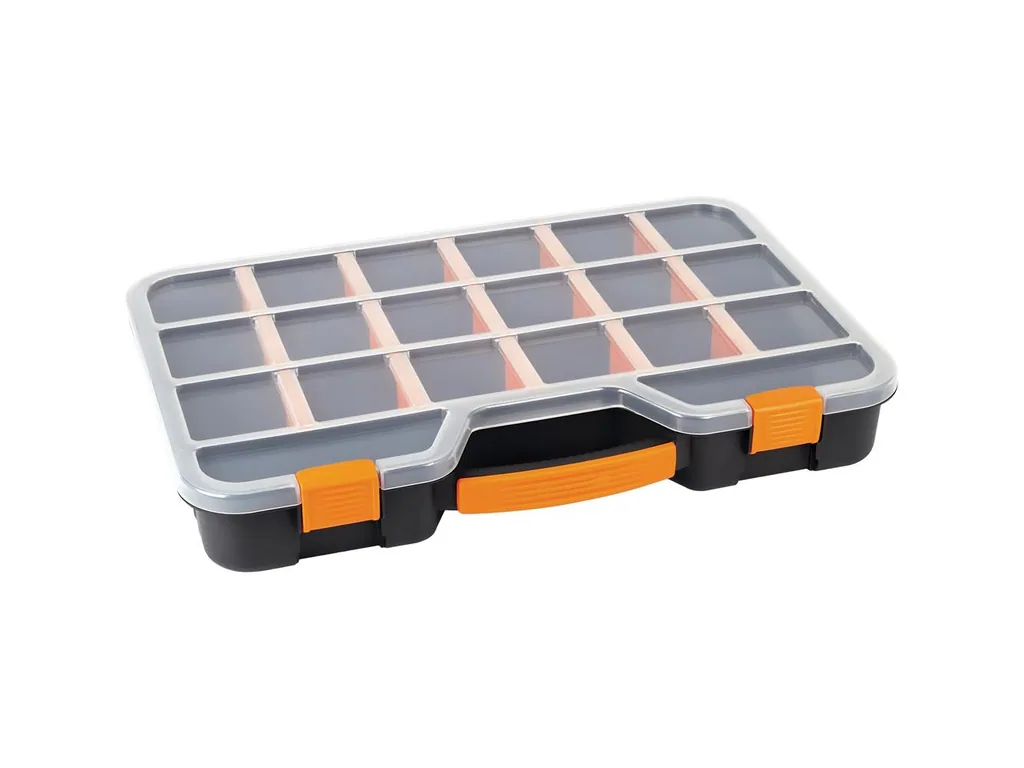 Sortimentskasten, Kunststoff-Aufbewahrungsbox, max 20 Fächer, 16 herausnehmbare Trennwände, transparenter Deckel, stapelbar, extra groß, für Schrauben, Muttern, Nägel und Kleinteile, Werkstatt, Garage