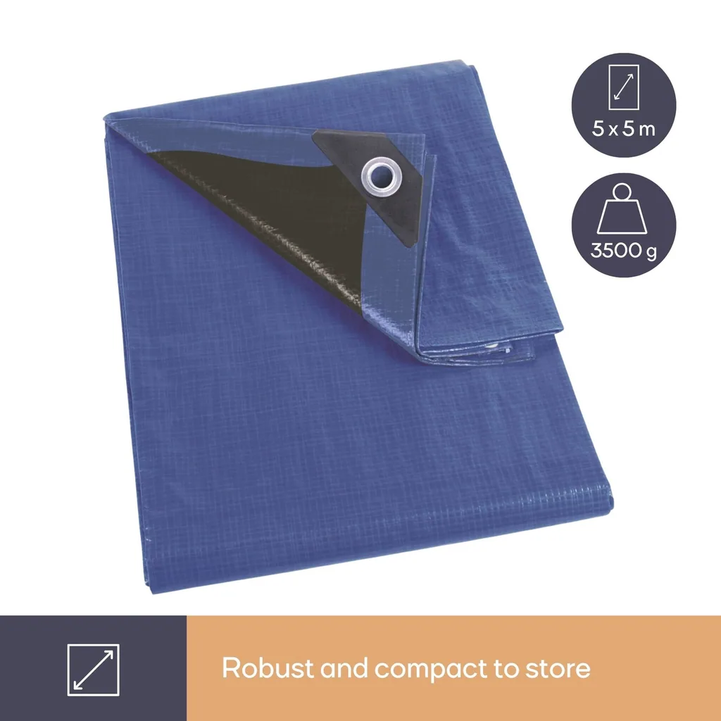 Plane 5 x 5 m, extra starkes Polyester 140 g/m², quadratische Plane mit 20 Ösen und verstärkten Ecken, für den Garten