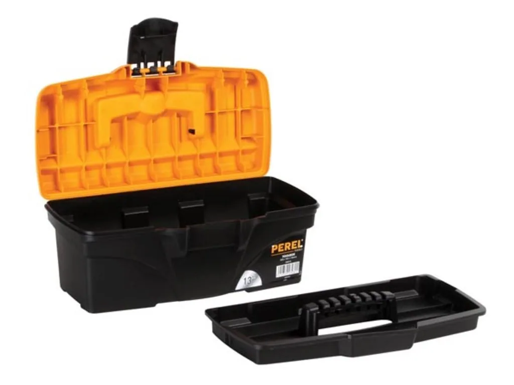 Werkzeugkasten 7,1 Liter, kompakte Aufbewahrungsbox für Werkzeug mit herausnehmbarer Schale, Kunststoffverschluss, klappbarer Griff, schwarz orange 32 x 16,5