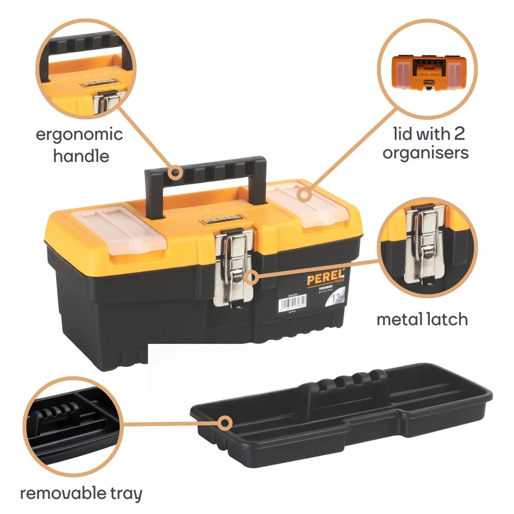 Werkzeugkasten 6,8 L kompakte Aufbewahrungsbox für Werkzeug mit herausnehmbarer Schale, 2 Deckelorganisatoren, Metallverschluss, klappbarer Griff, schwarz orange