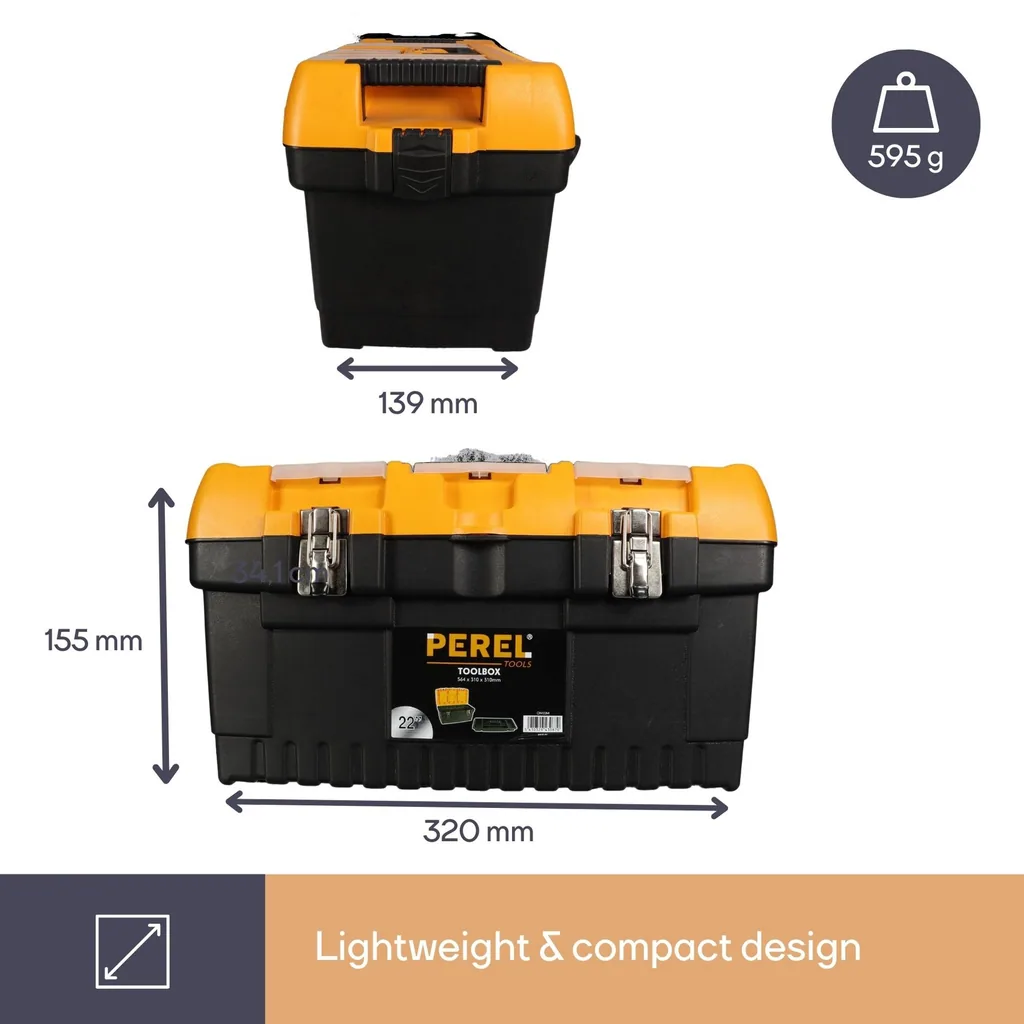 Werkzeugkasten 6,8 L kompakte Aufbewahrungsbox für Werkzeug mit herausnehmbarer Schale, 2 Deckelorganisatoren, Metallverschluss, klappbarer Griff, schwarz orange