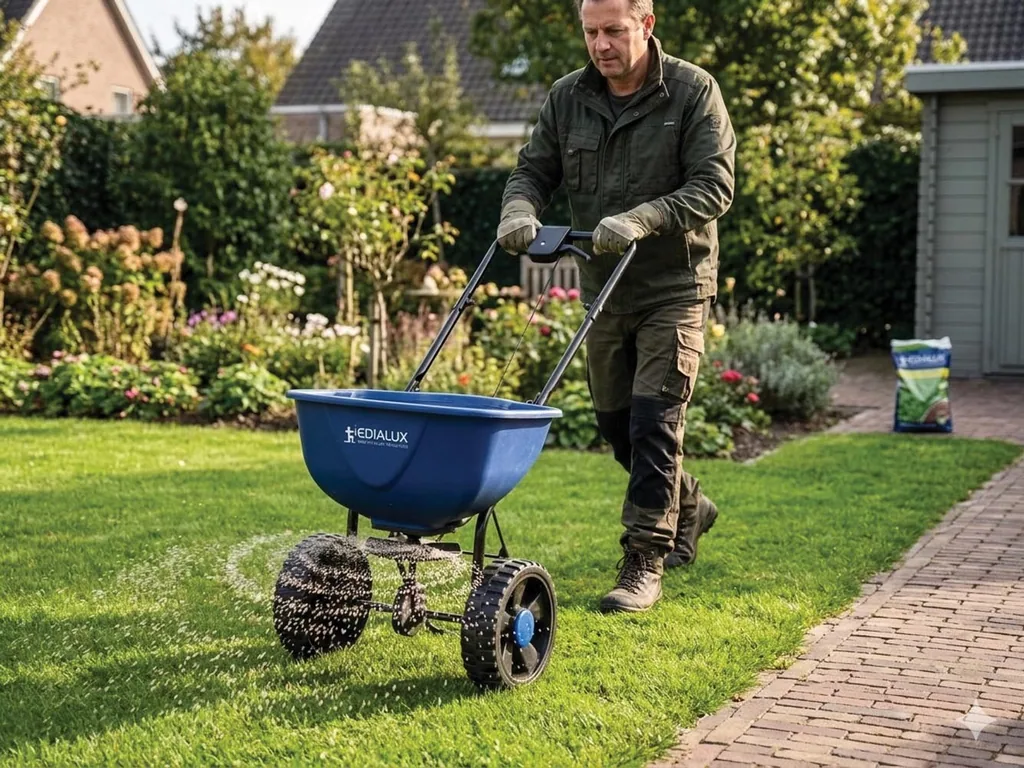 Düngerstreuer 15 L, manueller Handschubstreuer für Rasen, Garten und Einfahrt, einstellbare Durchflussmenge für Dünger, Saatgut