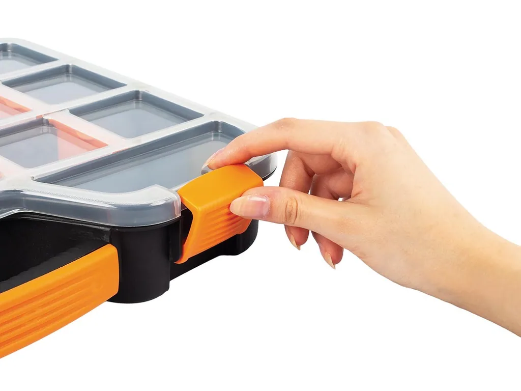 Sortimentsbox, Kunststoff-Aufbewahrungsbox, max. 20 Fächer, 16 herausnehmbare Trennwände, transparenter Deckel, stapelbar, für Schrauben