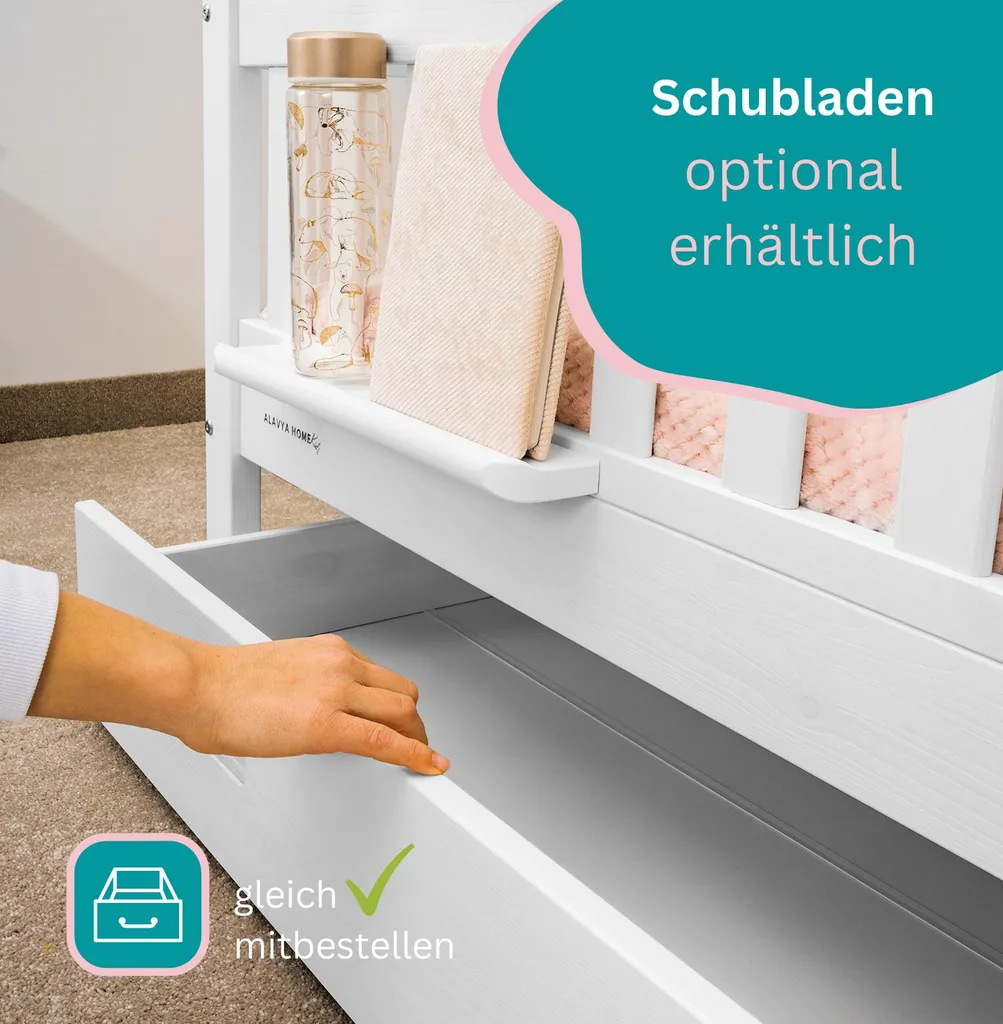 Alavya Home Hausbett CLOUD 90 x 200 cm Komplett-Set – Musselin Dekoset Weiß + Schublade 90 x 200 cm + Kindermatratze COZY 90 x 200 cm (Kaltschaum)