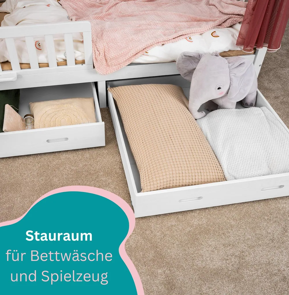 Alavya Home Hausbett CLOUD 90 x 200 cm Komplett-Set – Musselin Dekoset Weiß + Schublade 90 x 200 cm + Kindermatratze COZY 90 x 200 cm (Kaltschaum)