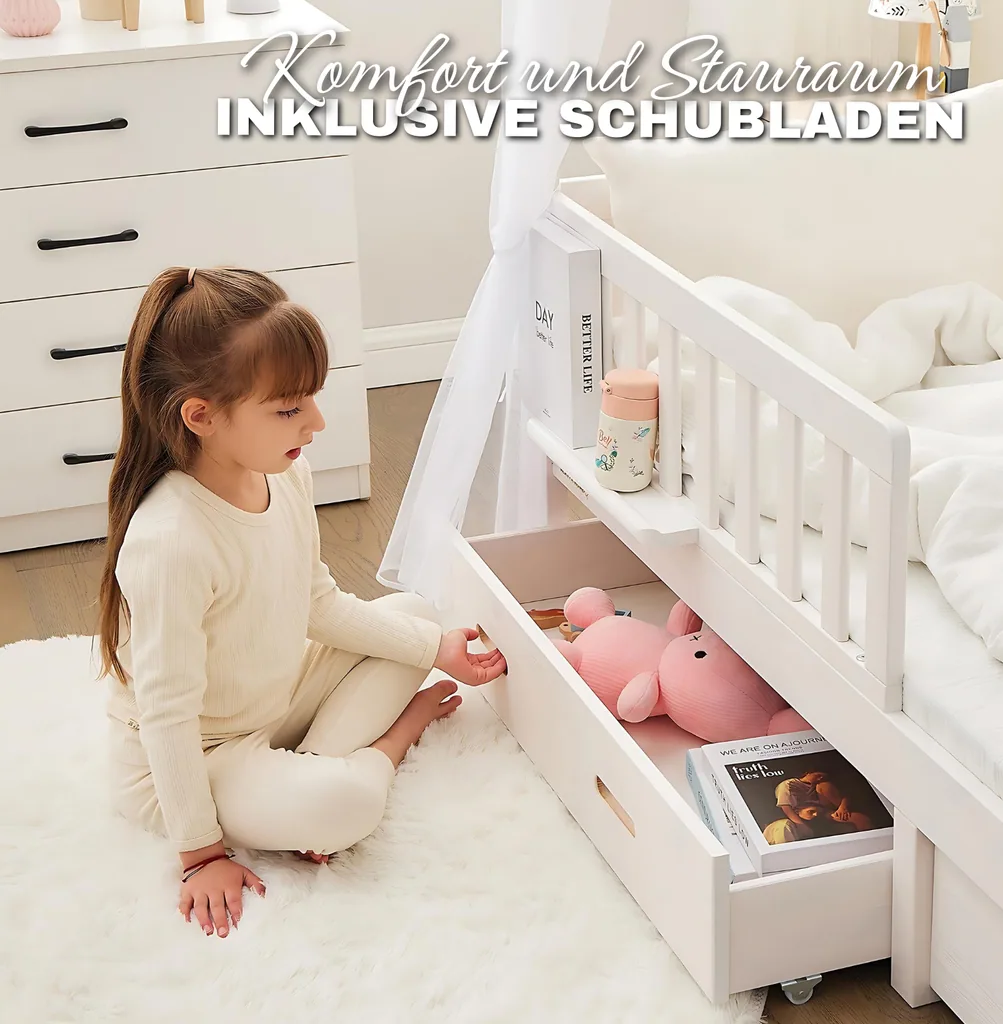 Alavya Home Hausbett CLOUD 90 x 200 cm Komplett-Set – Polyester Dekoset Khaki + Schublade 90 x 200 cm + Kindermatratze COZY 90 x 200 cm (Kaltschaum)