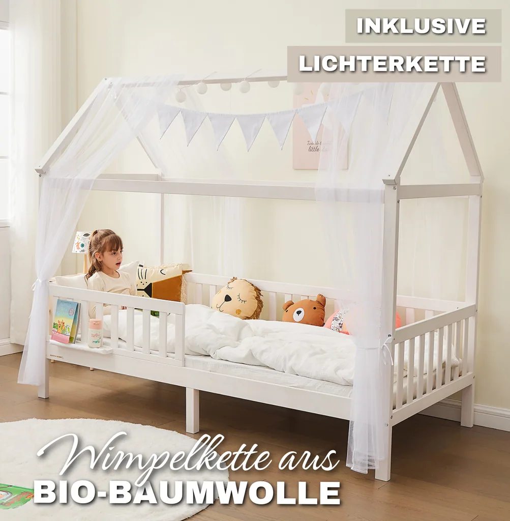 Alavya Home Hausbett CLOUD 90 x 200 cm Komplett-Set – Polyester Dekoset Weiß + Kindermatratze COZY 90 x 200 cm (Kaltschaum)