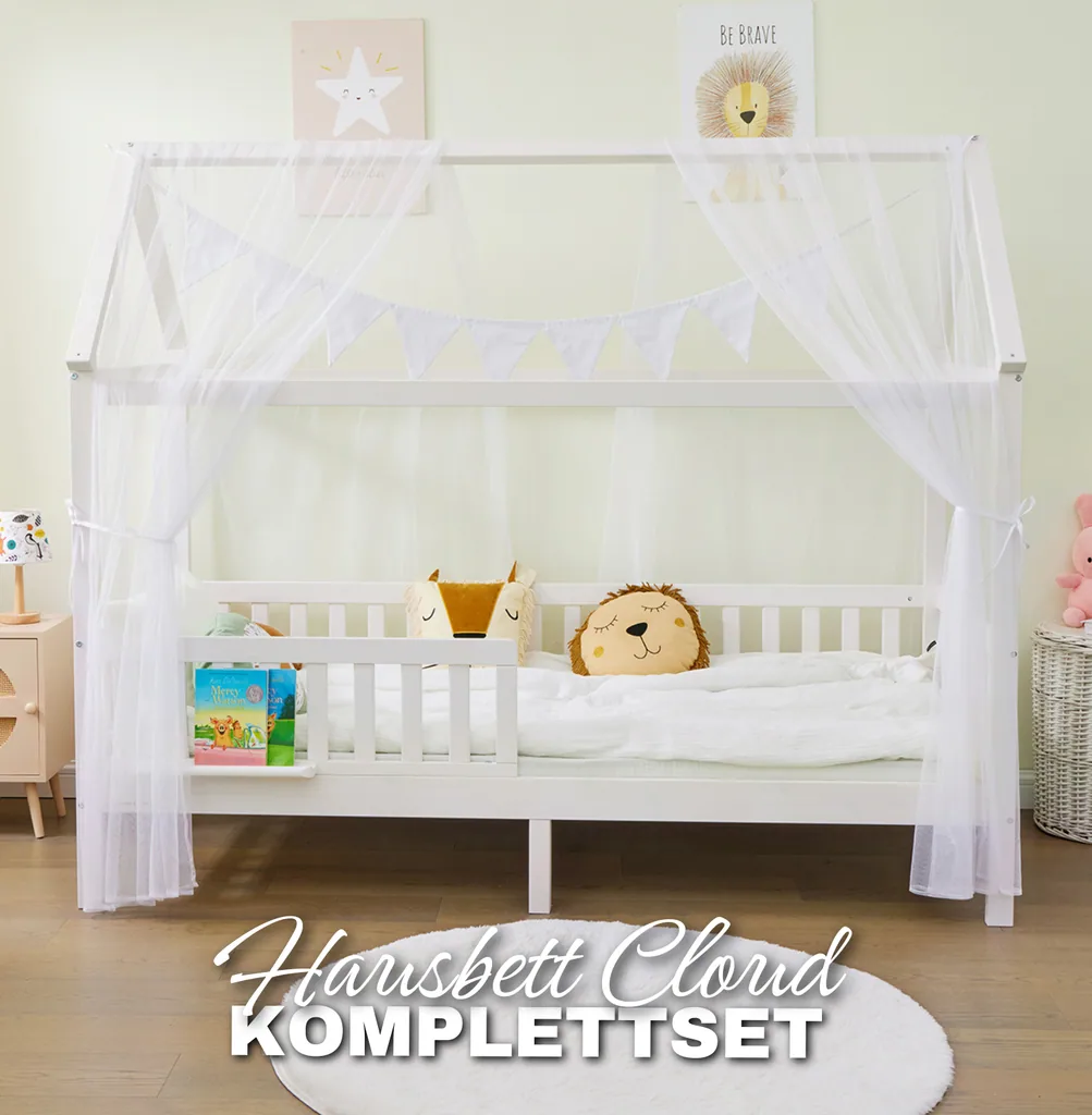 Alavya Home Hausbett CLOUD 90 x 200 cm Komplett-Set – Polyester Dekoset Weiß + Kindermatratze COZY 90 x 200 cm (Kaltschaum)