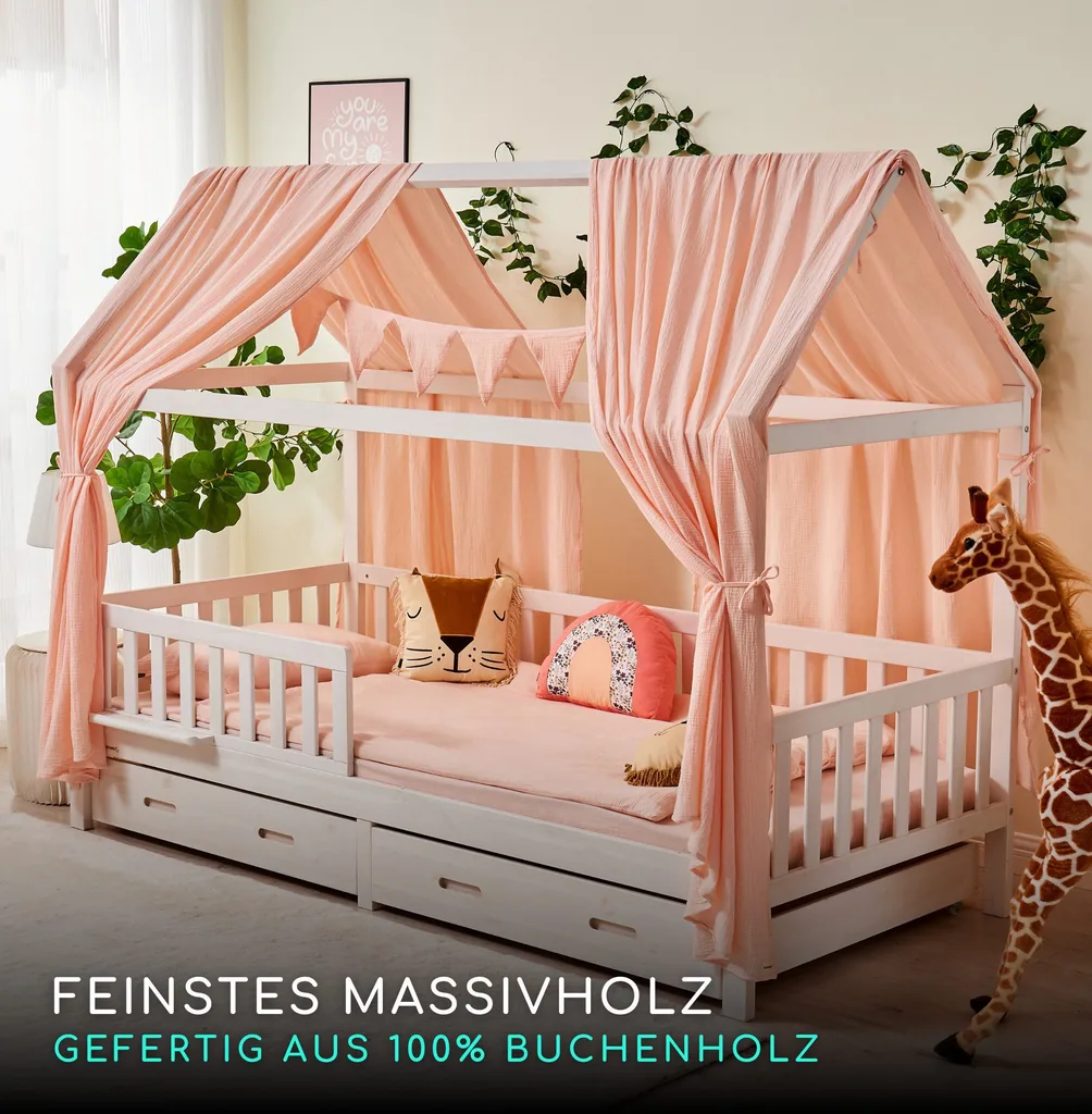 Alavya Home Hausbett CLOUD 90 x 200 cm Komplett-Set – Musselin Dekoset Rosa + Schublade 90 x 200 cm + Kindermatratze COZY 90 x 200 cm (Kaltschaum)