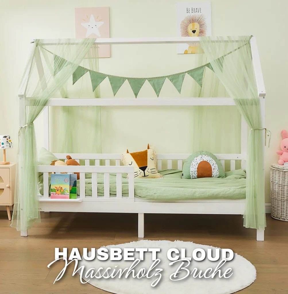 Alavya Home Hausbett CLOUD 90 x 200 cm Komplett-Set – Polyester Dekoset Khaki + Kindermatratze COZY 90 x 200 cm (Kaltschaum)