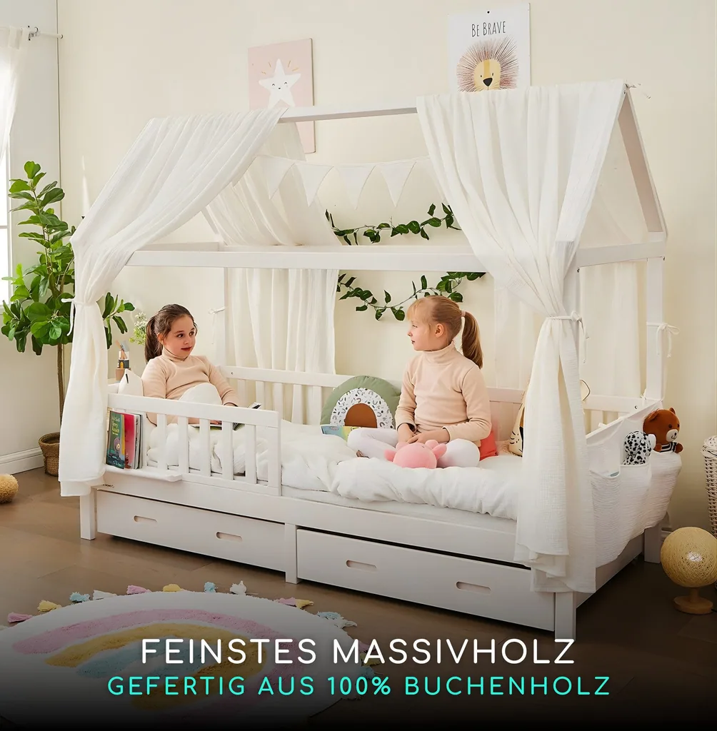 Alavya Home Hausbett CLOUD 90 x 200 cm Komplett-Set – Musselin Dekoset Weiß + Schublade 90 x 200 cm + Kindermatratze COZY 90 x 200 cm (Kaltschaum)
