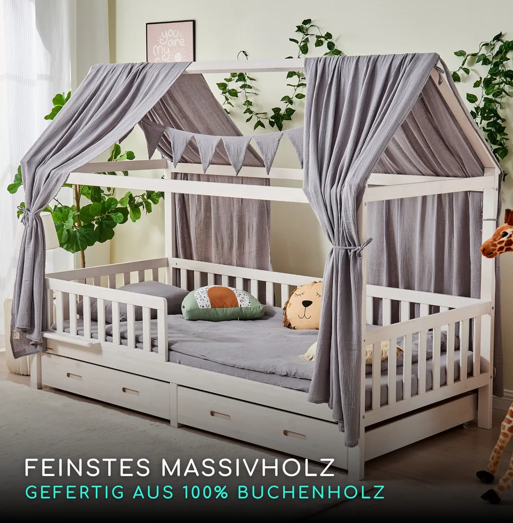 Alavya Home Hausbett CLOUD 90 x 200 cm Komplett-Set – Schublade 90 x 200 cm + Musselin Dekoset Grau + Kindermatratze COZY 90 x 200 cm (Kaltschaum)