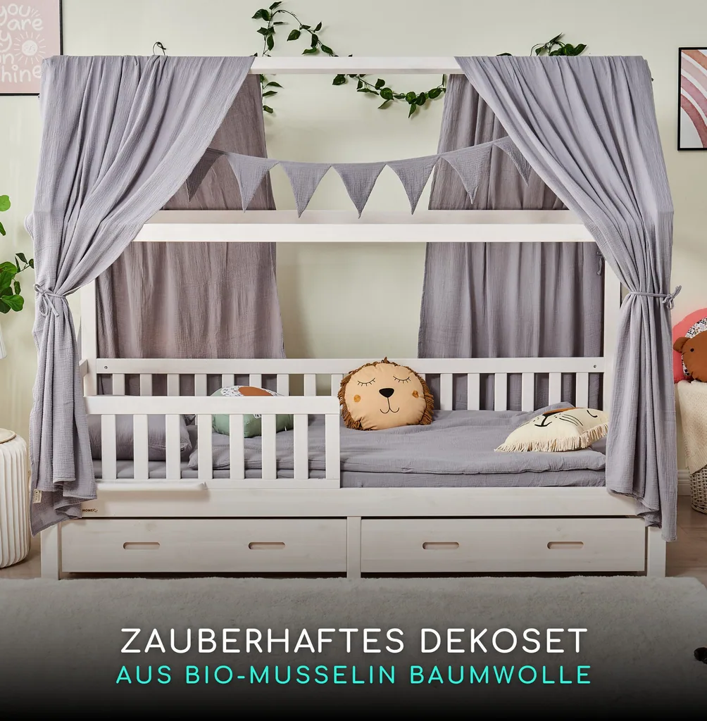 Alavya Home Hausbett CLOUD 90 x 200 cm Komplett-Set – Schublade 90 x 200 cm + Musselin Dekoset Grau + Kindermatratze COZY 90 x 200 cm (Kaltschaum)