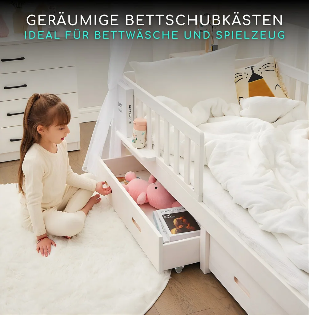 Alavya Home Hausbett CLOUD 90 x 200 cm Komplett-Set – Schublade 90 x 200 cm + Musselin Dekoset Grau + Kindermatratze COZY 90 x 200 cm (Kaltschaum)