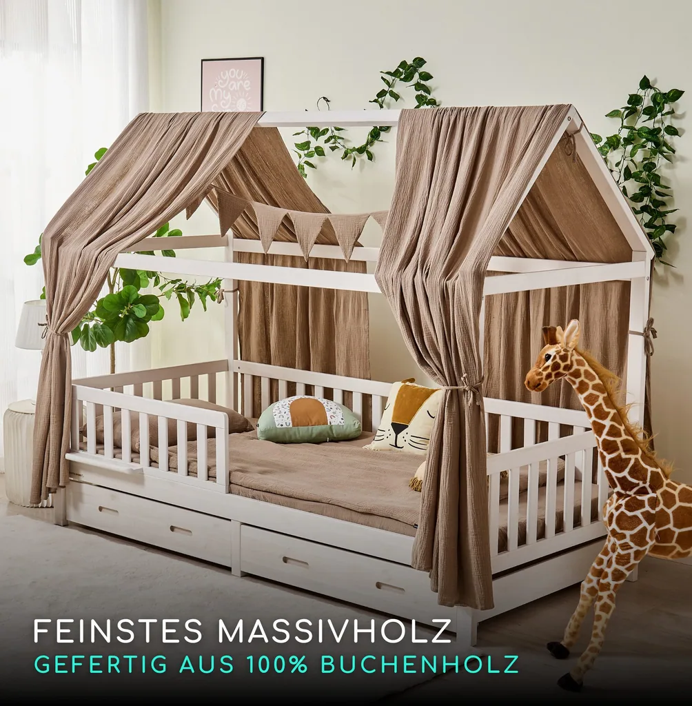 Alavya Home Hausbett CLOUD 90 x 200 cm Komplett-Set – Musselin Dekoset Braun + Schublade 90 x 200 cm + Kindermatratze COZY 90 x 200 cm (Kaltschaum)