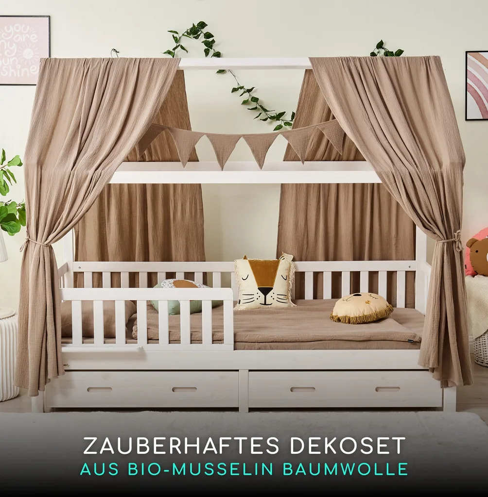 Alavya Home Hausbett CLOUD 90 x 200 cm Komplett-Set – Musselin Dekoset Braun + Schublade 90 x 200 cm + Kindermatratze COZY 90 x 200 cm (Kaltschaum)