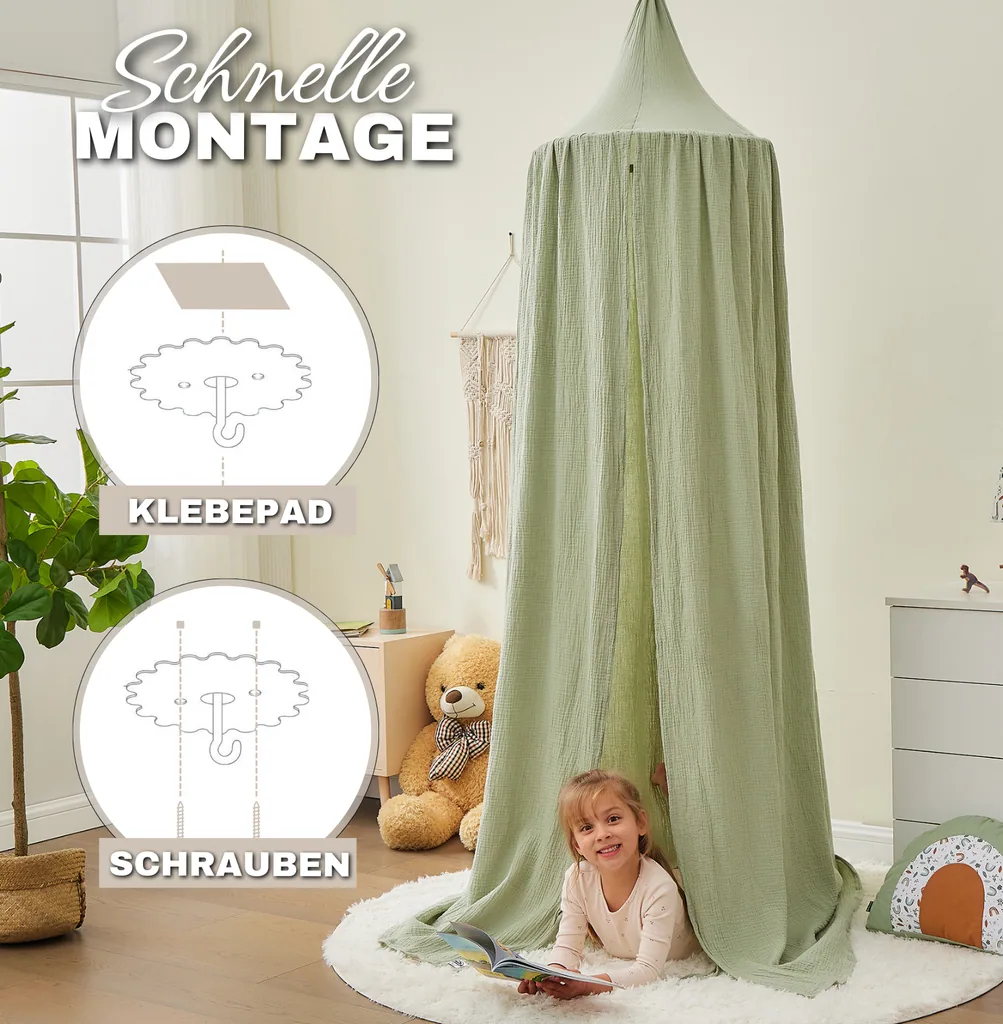 Alavya Home Baldachin Betthimmel 250x50 cm Bio-Musselin Baumwolle - Khaki