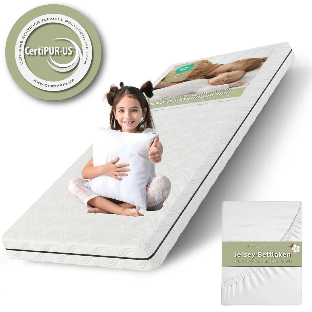 Alavya Home Kindermatratze COZY 80x180 cm Kaltschaum inkl. Spannbettlaken – 2-teiliges Set, Weiß