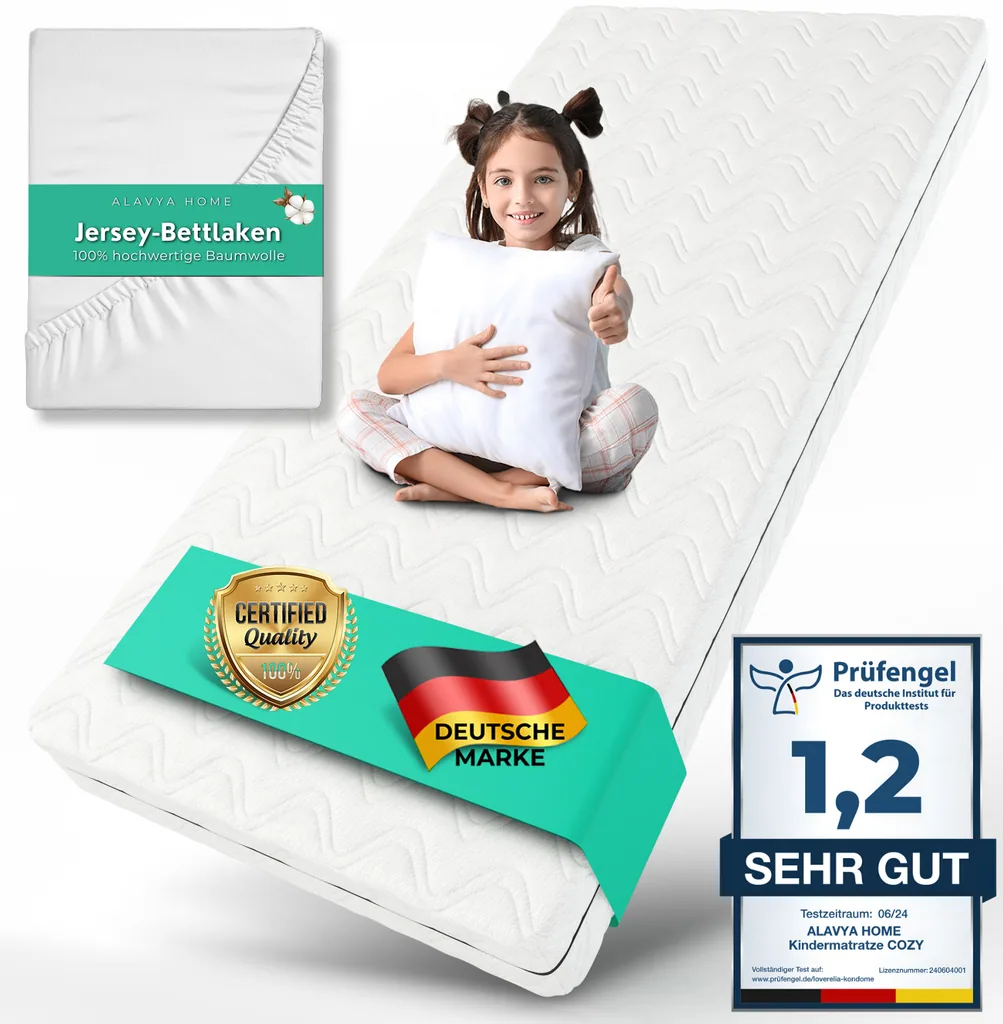 Alavya Home Kindermatratze COZY 80x180 cm Kaltschaum inkl. Spannbettlaken – 2-teiliges Set, Weiß