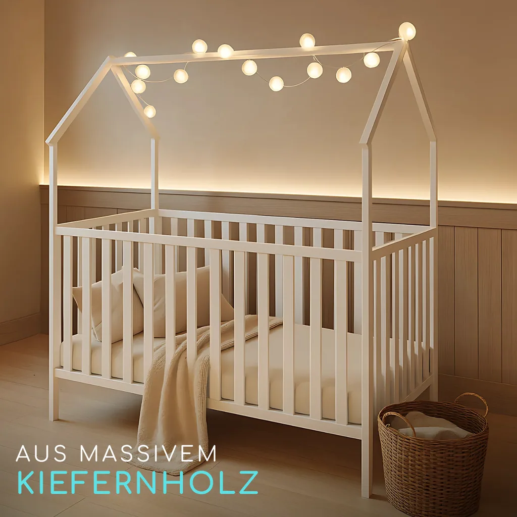 Alavya Home Babybett ELLA 70x140 cm Kiefer - Weiß mit Matratze COZY – 2-teiliges Set