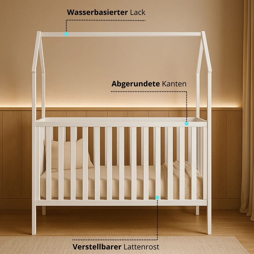 Alavya Home Babybett ELLA 70x140 cm Kiefer - Weiß mit Matratze COZY – 2-teiliges Set