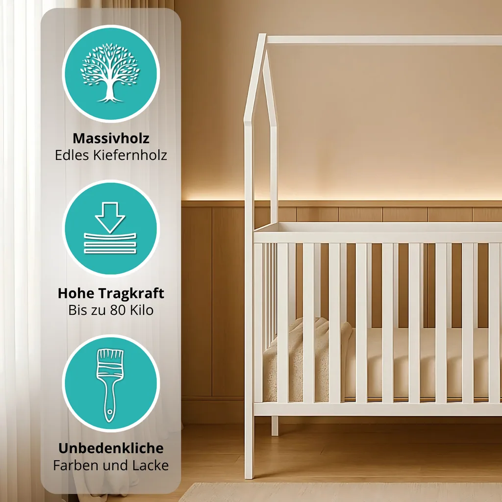 Alavya Home Babybett ELLA 70x140 cm Kiefer - Weiß mit Matratze COZY – 2-teiliges Set