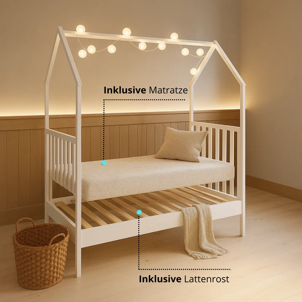 Alavya Home Babybett ELLA 70x140 cm Kiefer - Weiß mit Matratze COZY – 2-teiliges Set