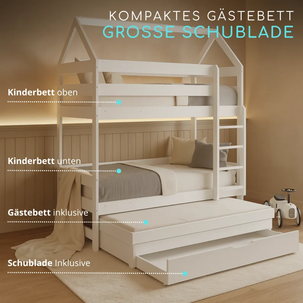 Alavya Home Etagenbett CASA mit Gästebett 80x160 cm Kiefer - Weiß