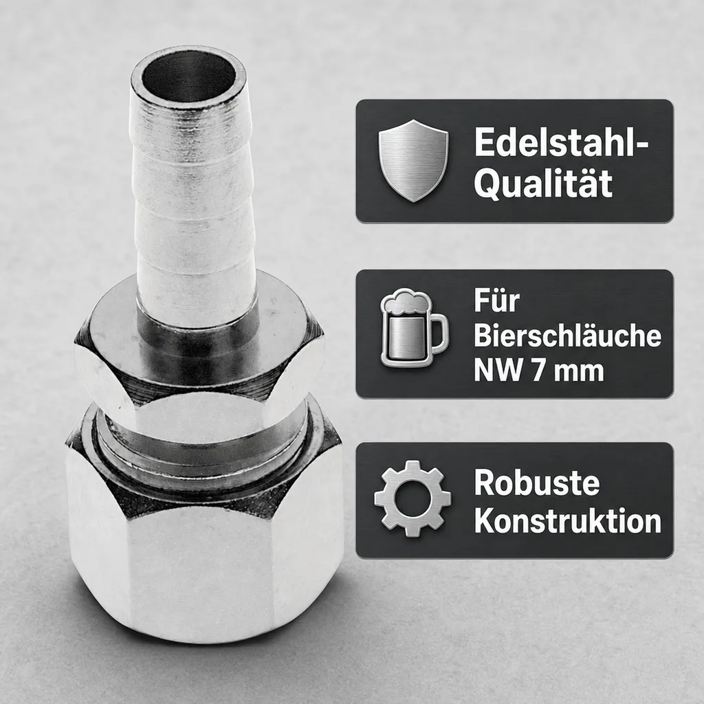 Quetschverschraubung, Compression fitting - Edelstahl, mit Schlauchtülle für Bierschlauch NW 7 mm