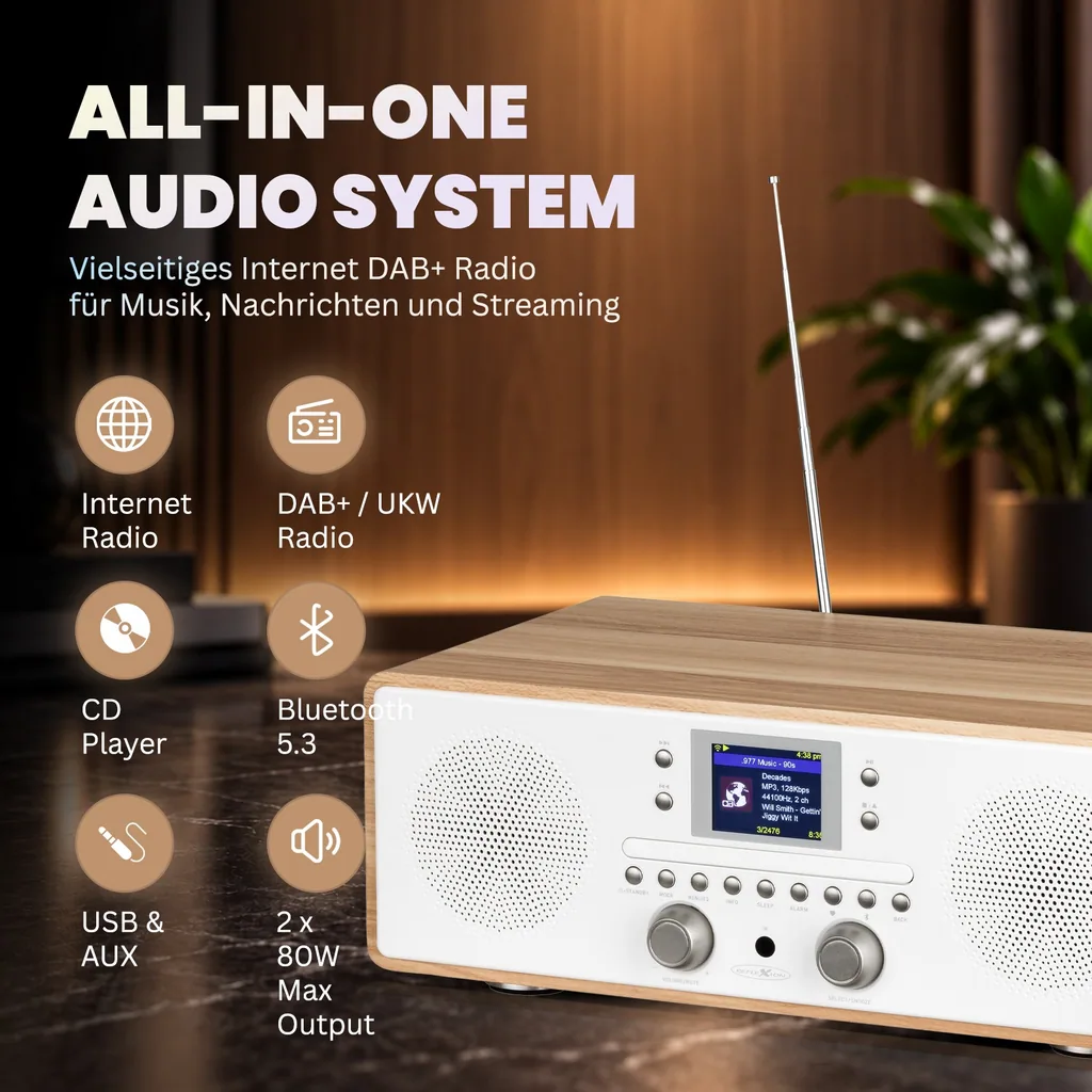 Internet/DAB+/DAB/UKW-Radio mit CD-Player und Bluetooth, USB, MP3/CD, AUX-IN