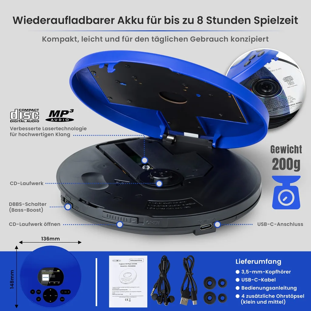 Tragbarer CD/MP3-Player inkl. DAB+ / UKW-PLL Radio