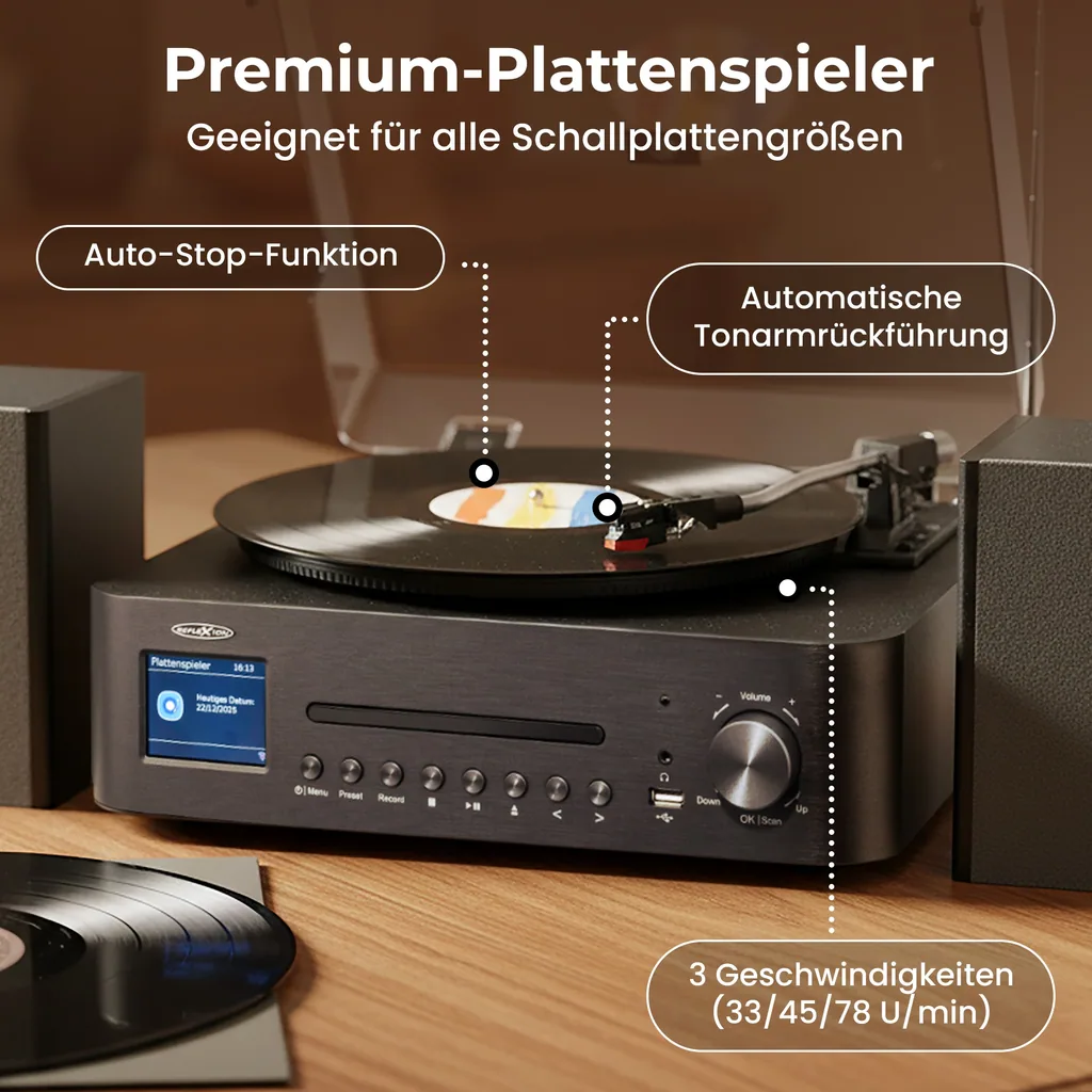 Stereo Komplettsystem mit Internet, DAB/UKW, CD/MP3, Bluetooth & Plattenspieler