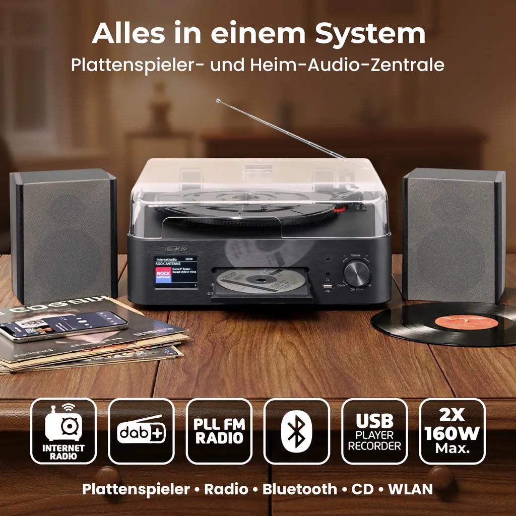 Stereo Komplettsystem mit Internet, DAB/UKW, CD/MP3, Bluetooth & Plattenspieler